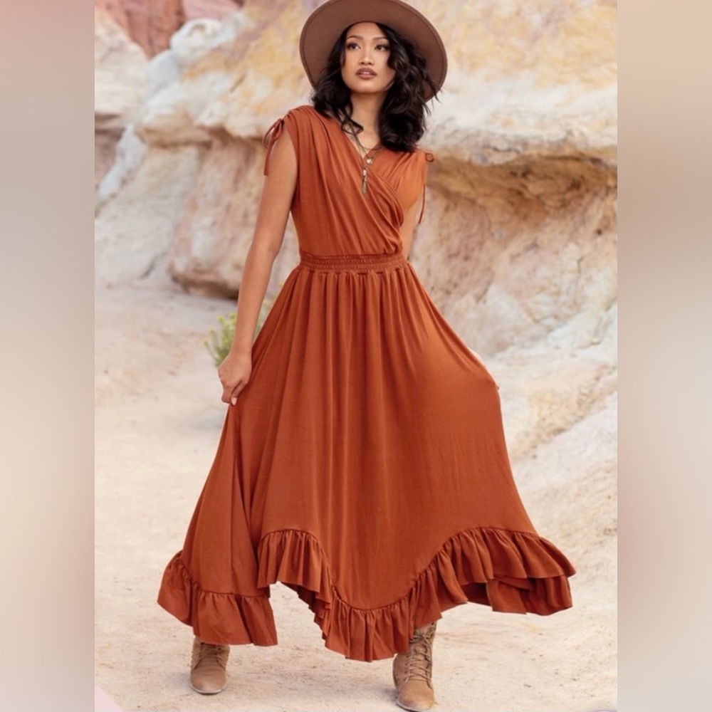 Joyfolie Women's High Low Dress in Rust Orange